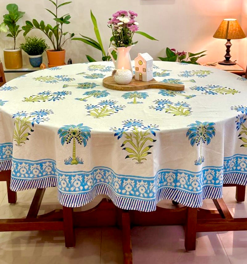 Pure cotton hand-block printed round table covers for 6 seater dining tables
