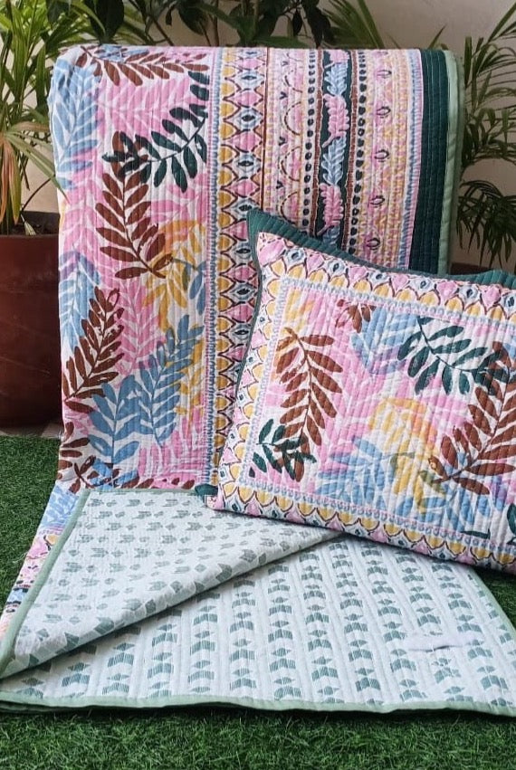 Pure cotton Ikkat quilted and reversible bedcover with two quilted pillow covers (90x108 inches) offer