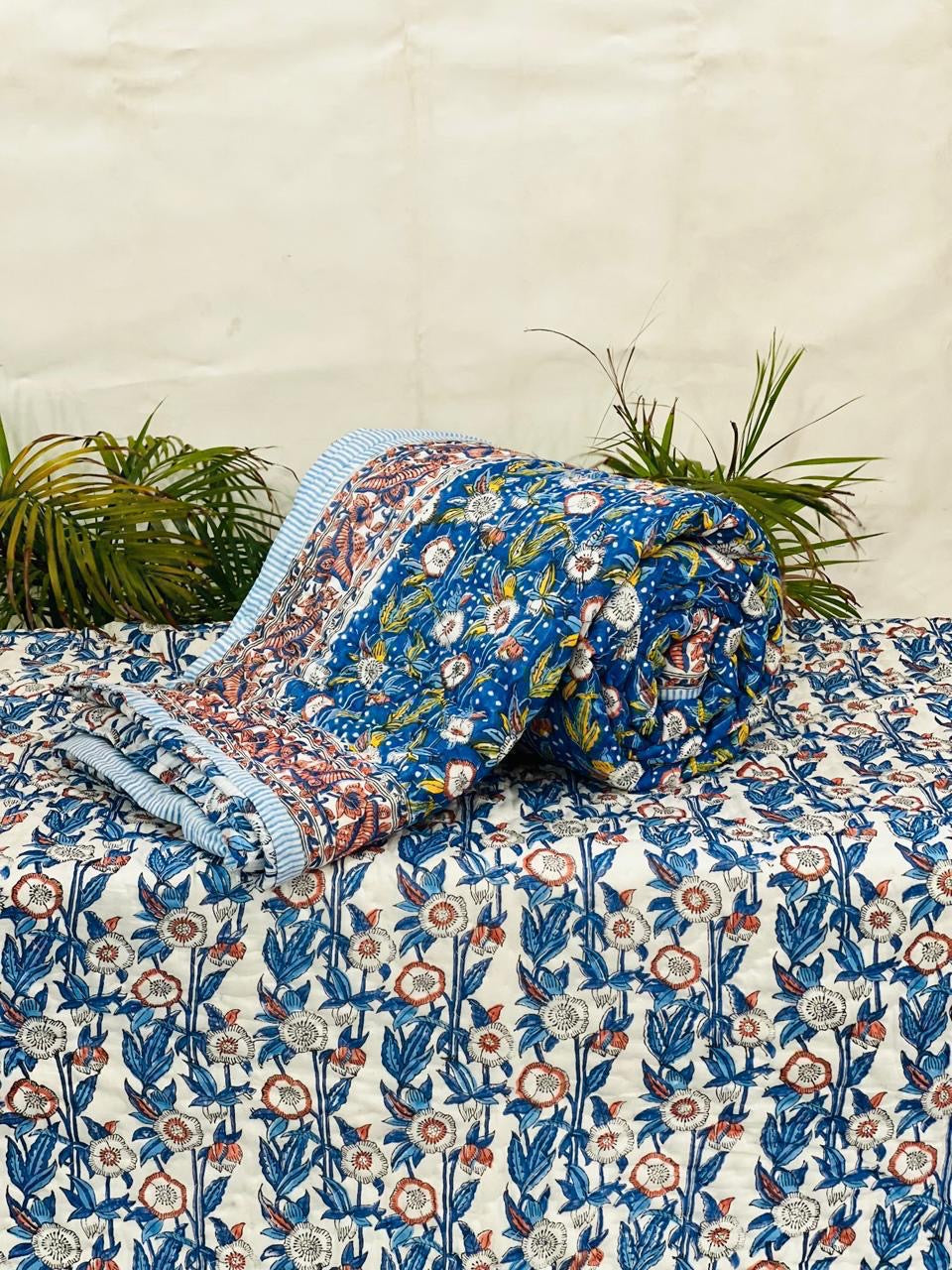 Pure mulmul cotton handblock printed single reversible quilt (razai 60x90 inches)