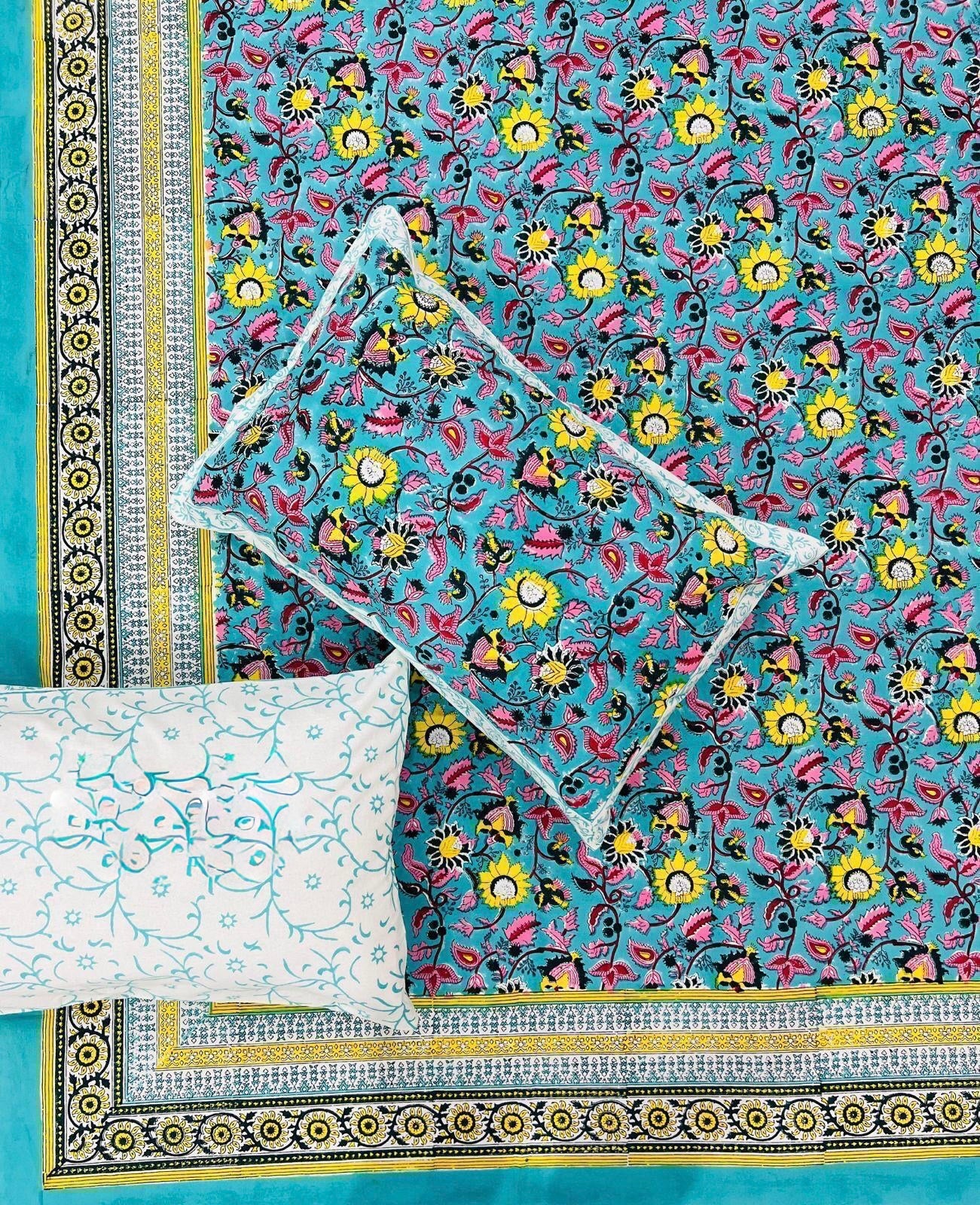 Pure cotton hand-block printed super king size double bedsheets with 2 pillow covers (108x108 inches)