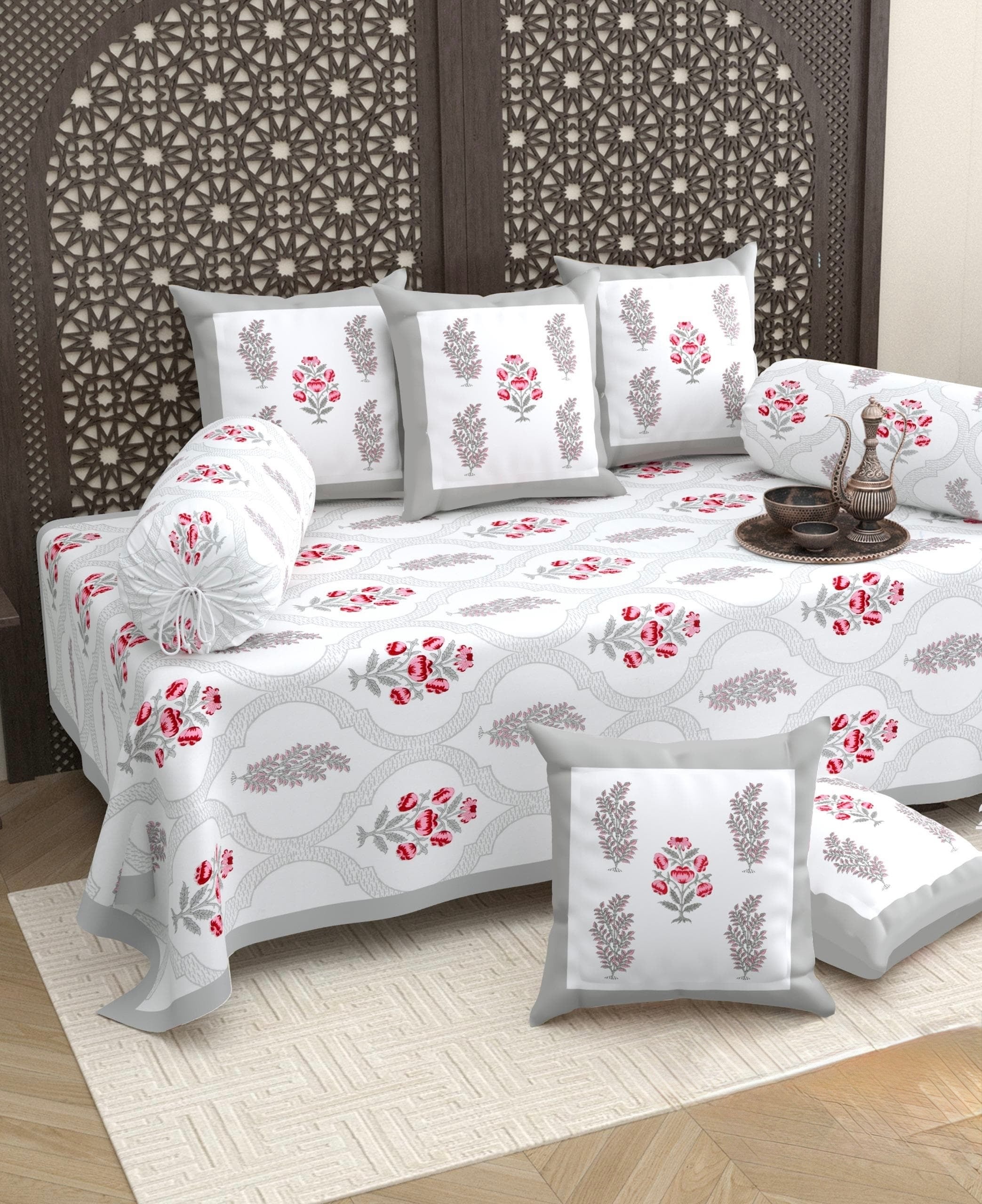 Pure cotton hand block printed 8 piece traditional diwan set (70x100 inches)