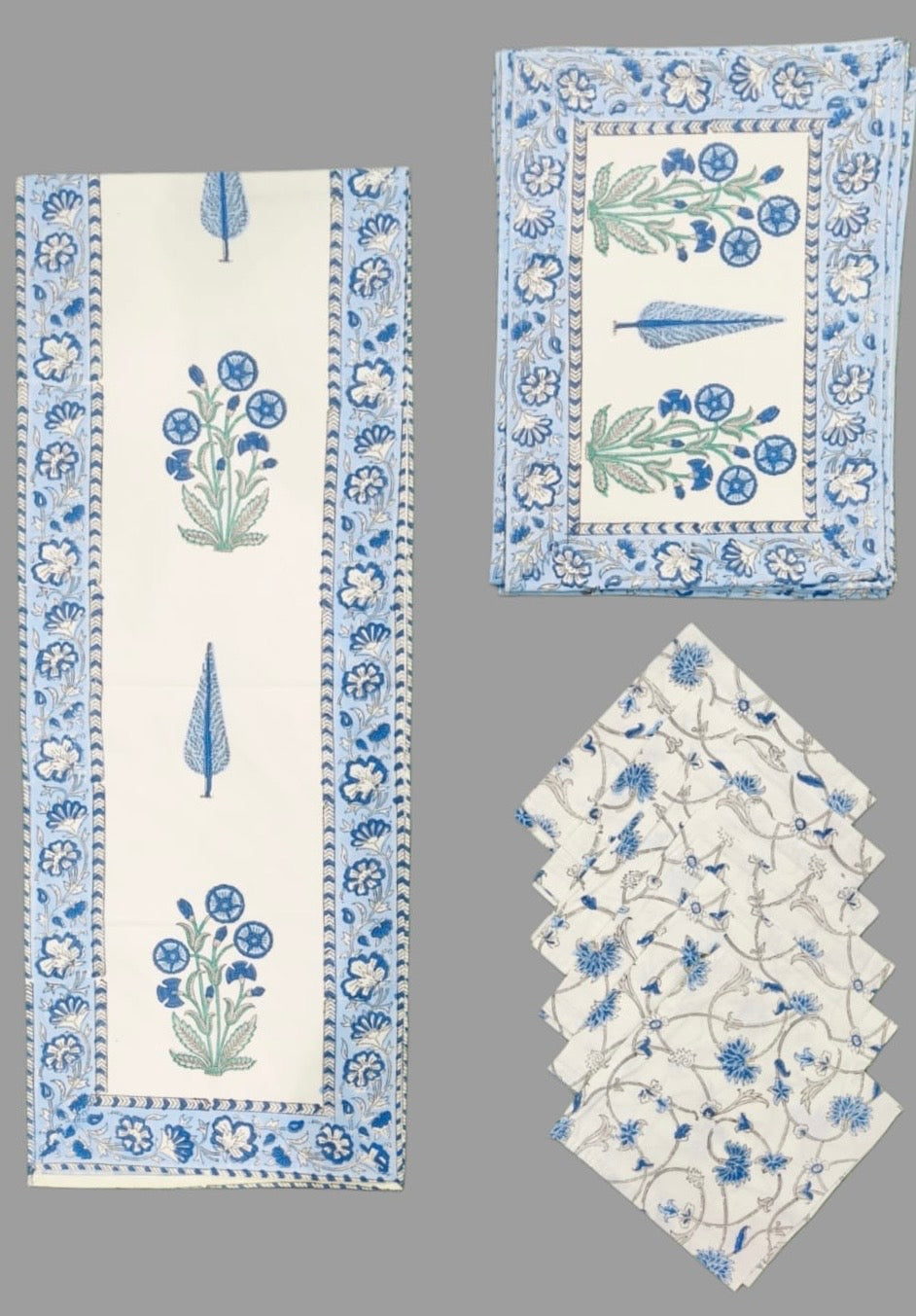 Pure cotton hand block printed placemats, runner and napkin combo for 6 seater dining table