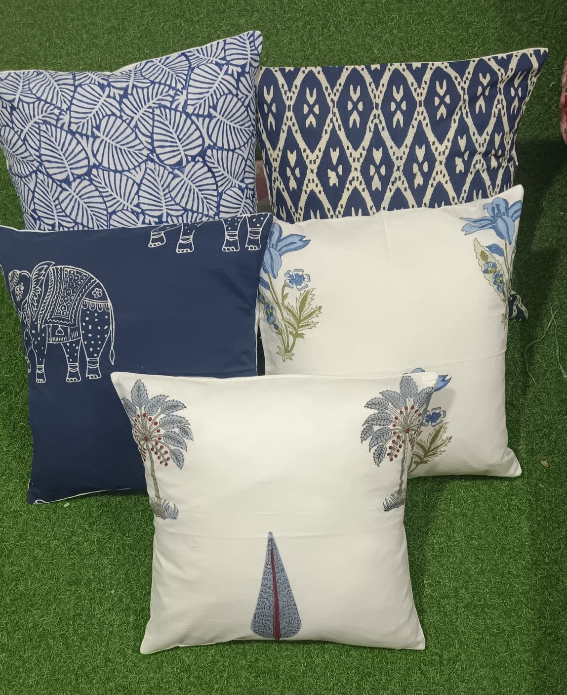 Pure cotton handblock printed set of 5 assorted cushion covers (16x16 inches) Offer