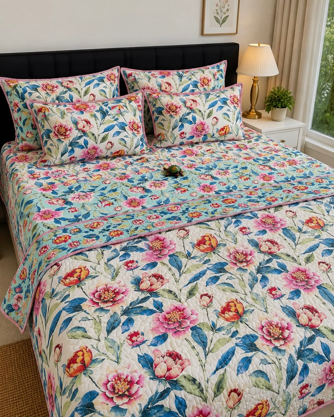 Pure cotton paani jaal quilted printed double bedcovers (90x108 inches)