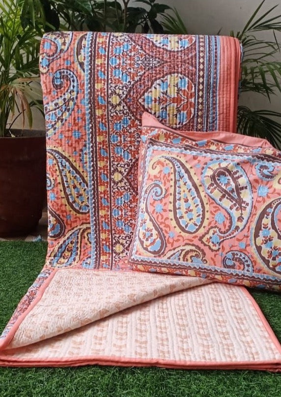 Pure cotton Ikkat quilted and reversible bedcover with two quilted pillow covers (90x108 inches) offer