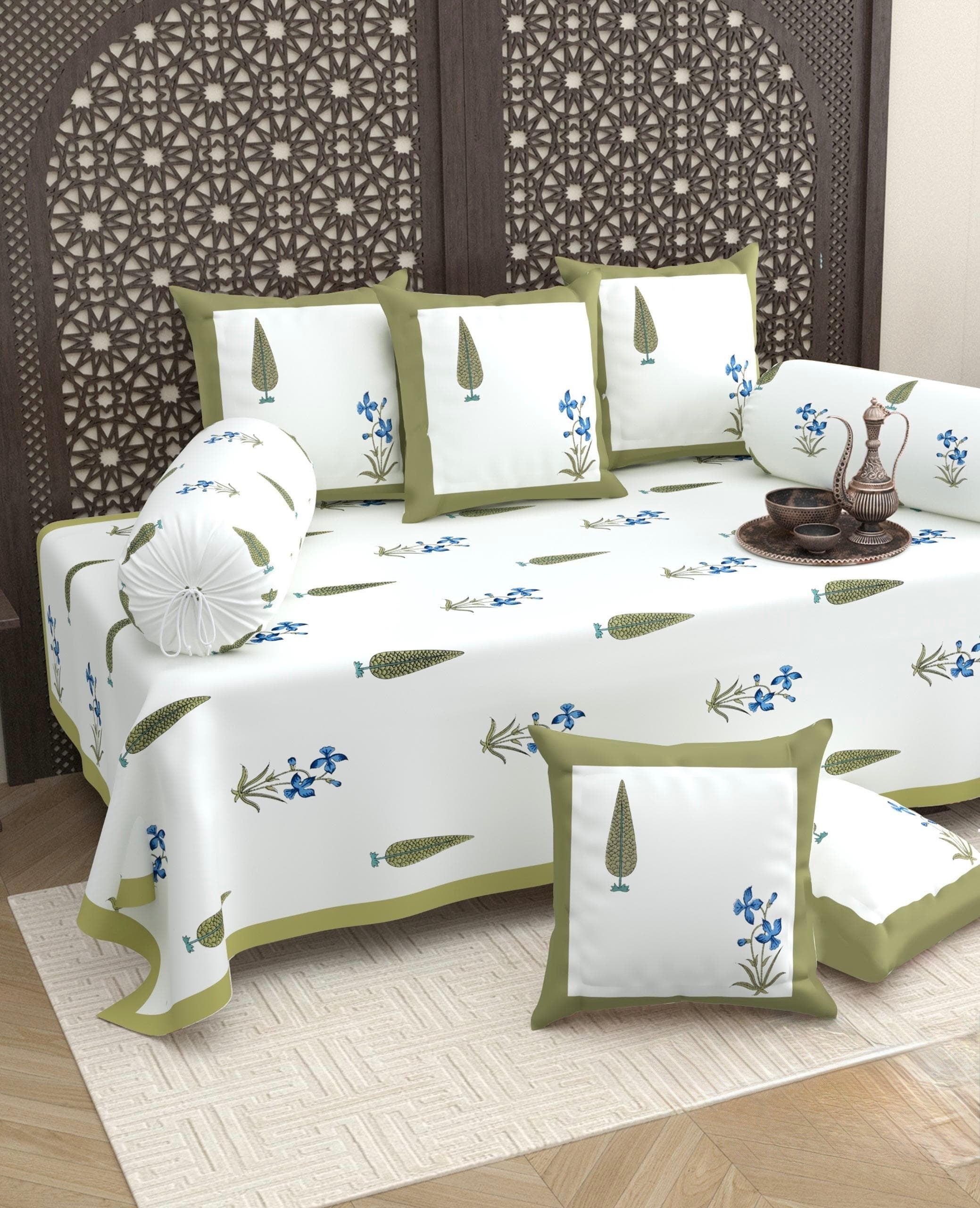 Pure cotton hand block printed 8 piece traditional diwan set (70x100 inches)