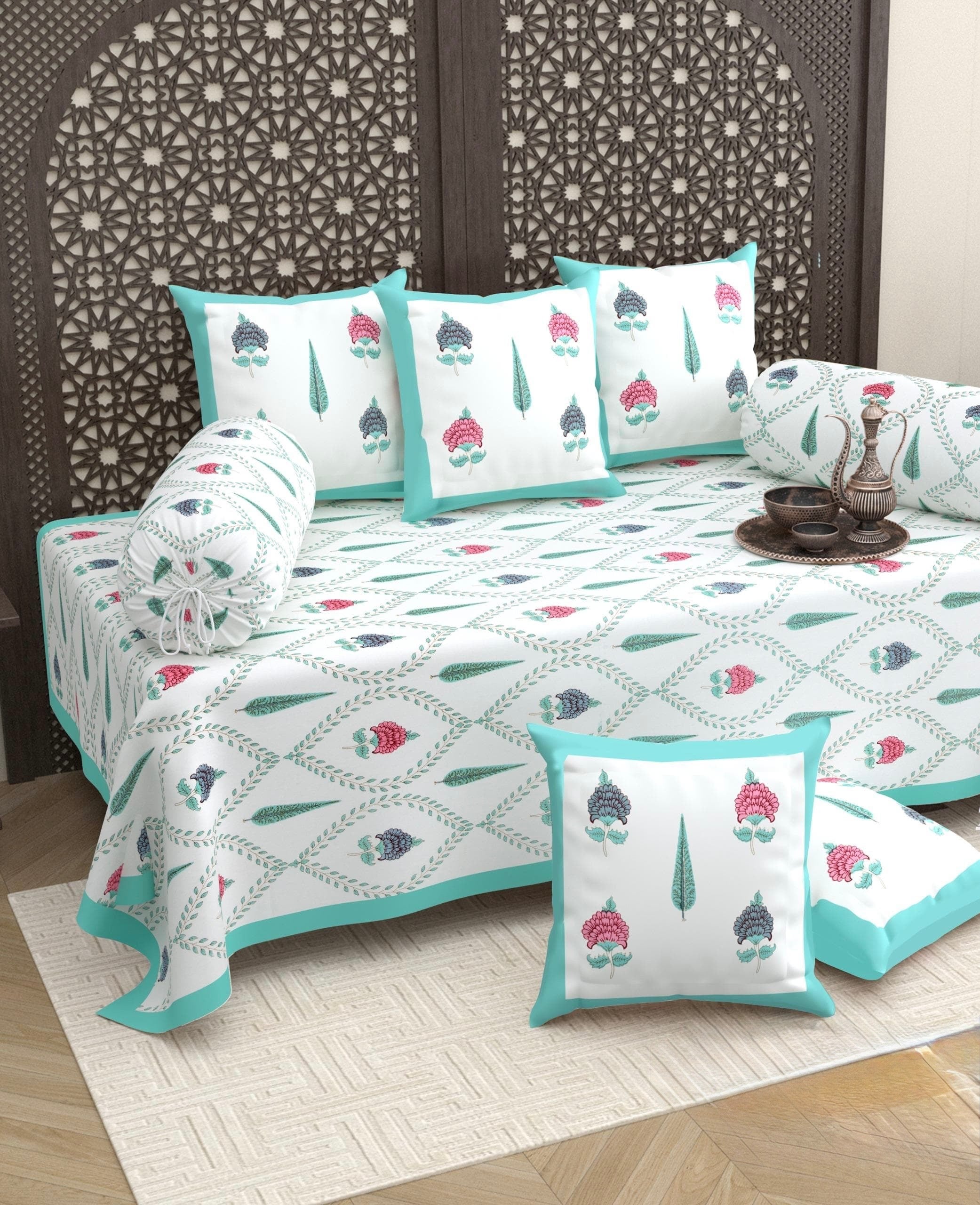 Pure cotton hand block printed 8 piece traditional diwan set (70x100 inches)