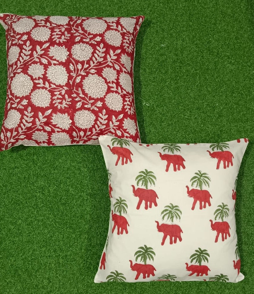 Pure cotton handblock printed set of 2 assorted cushion covers (16x16 inches)