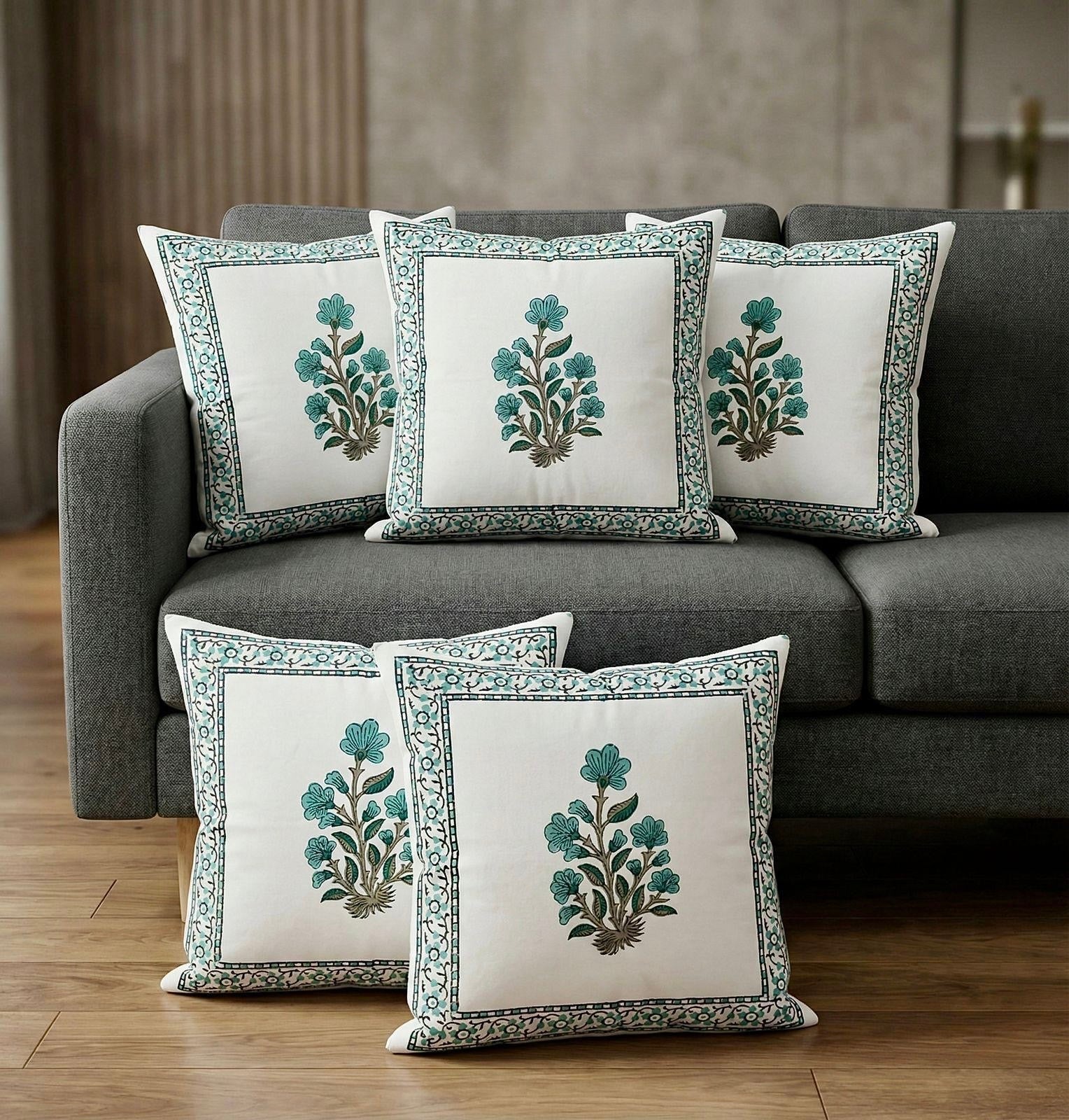 Pure cotton hand-block printed set of 5 cushion covers (16x16 inches)