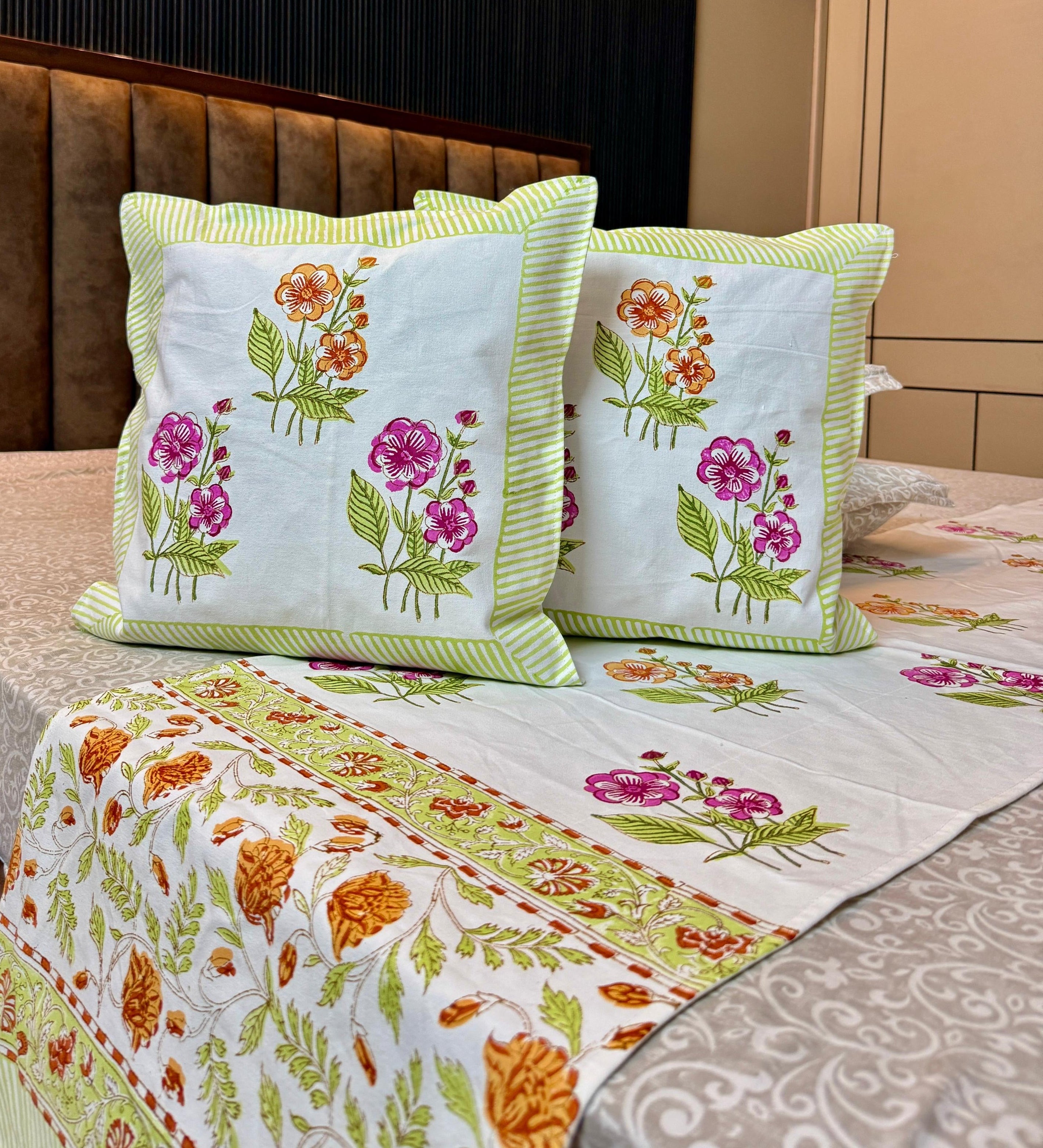 Pure cotton hand block printed bed runners with 2 cushion covers