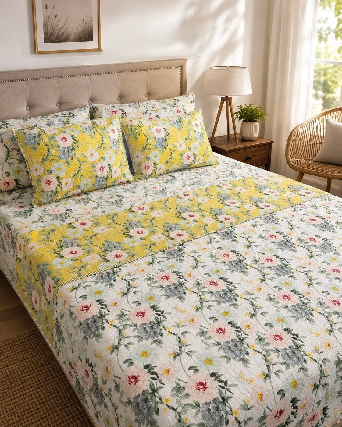 Pure cotton paani jaal quilted printed double bedcovers (90x108 inches)