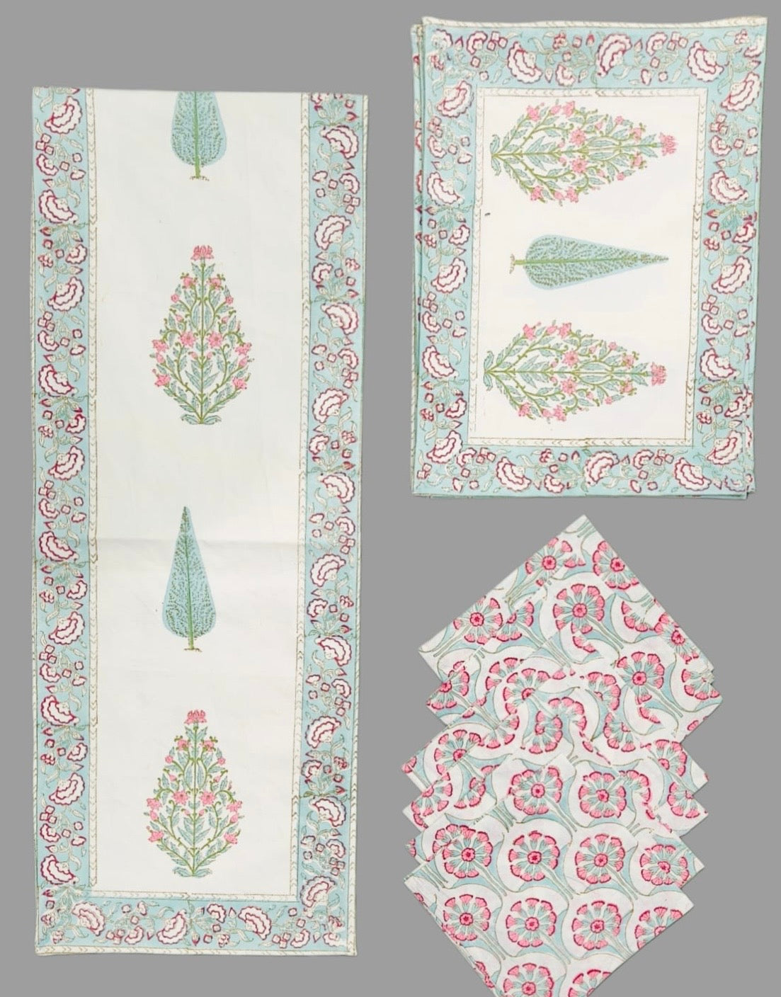 Pure cotton hand block printed placemats, runner and napkin combo for 6 seater dining table