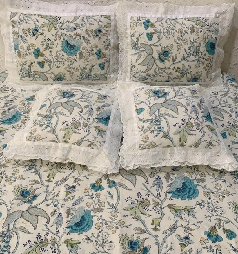 Pure cotton 5 piece bedding sets with 2 laced pillow covers and 2 laced cushion cover (108x108 inches)
