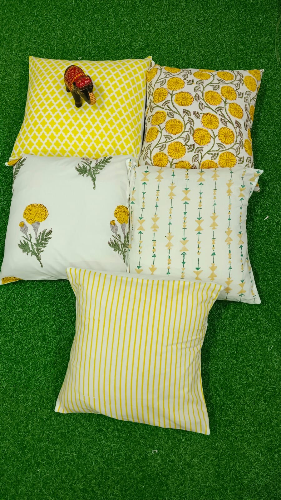 Pure cotton handblock printed set of 5 assorted cushion covers (16x16 inches) Offer
