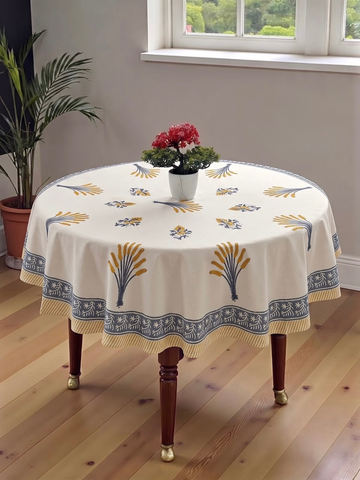 Pure cotton hand-block printed table cover for 4 seater dining table / centre table (60 inches diameter)