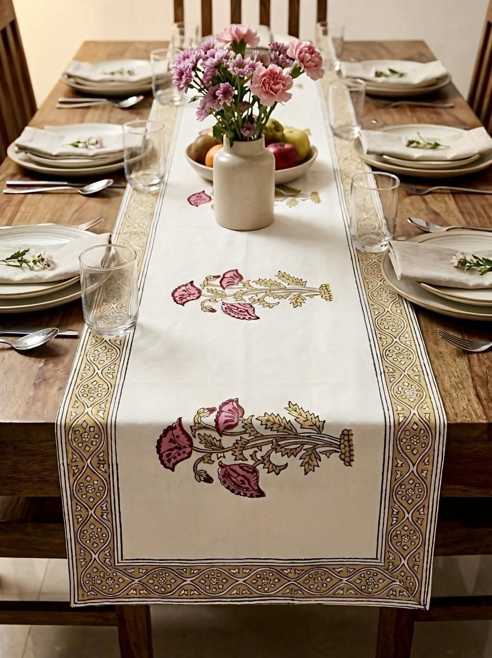 Pure canvas cotton handblock printed runners for 4 and 6 seater dining tables