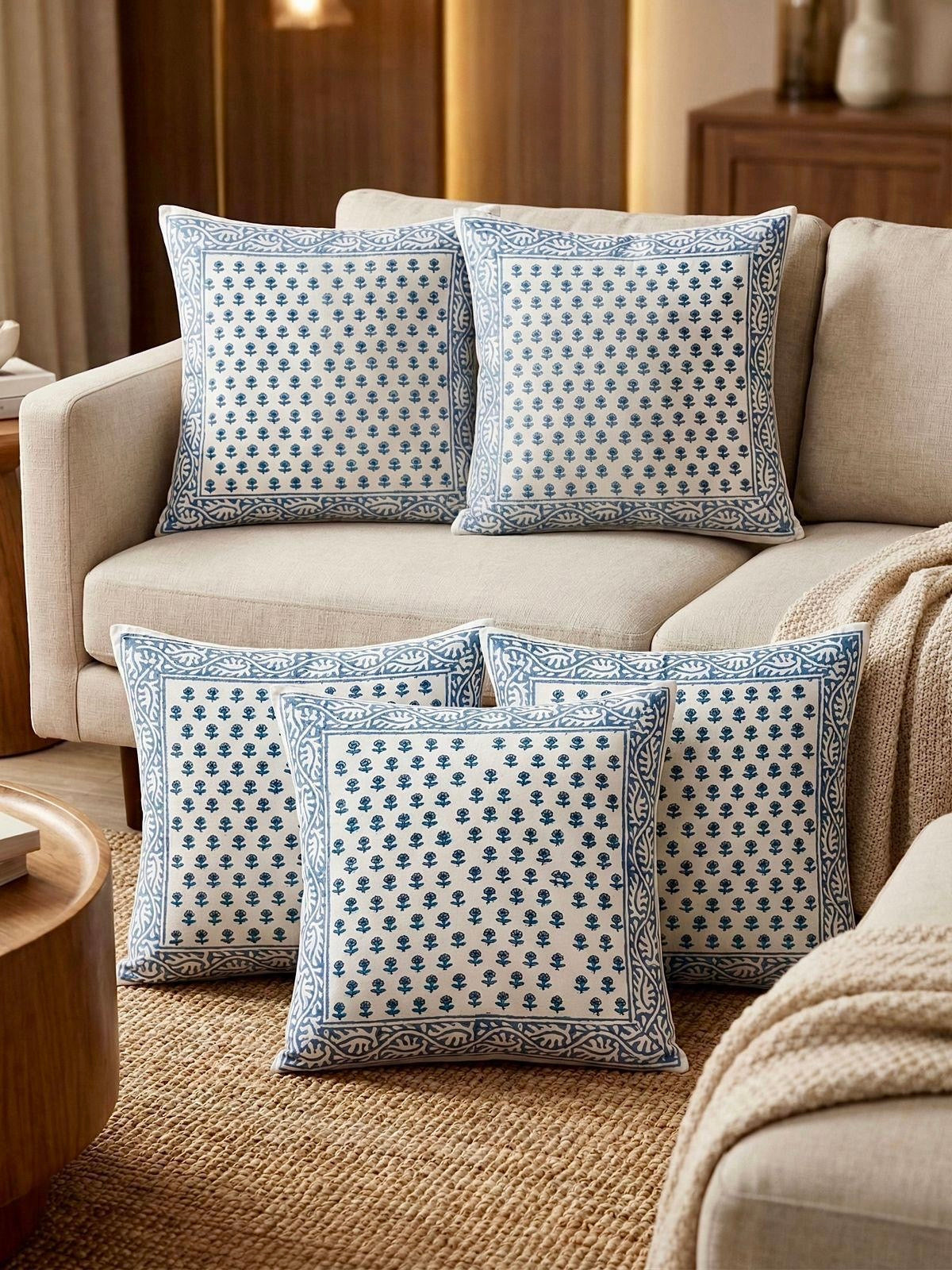 Pure cotton hand-block printed set of 5 cushion covers (16x16 inches)