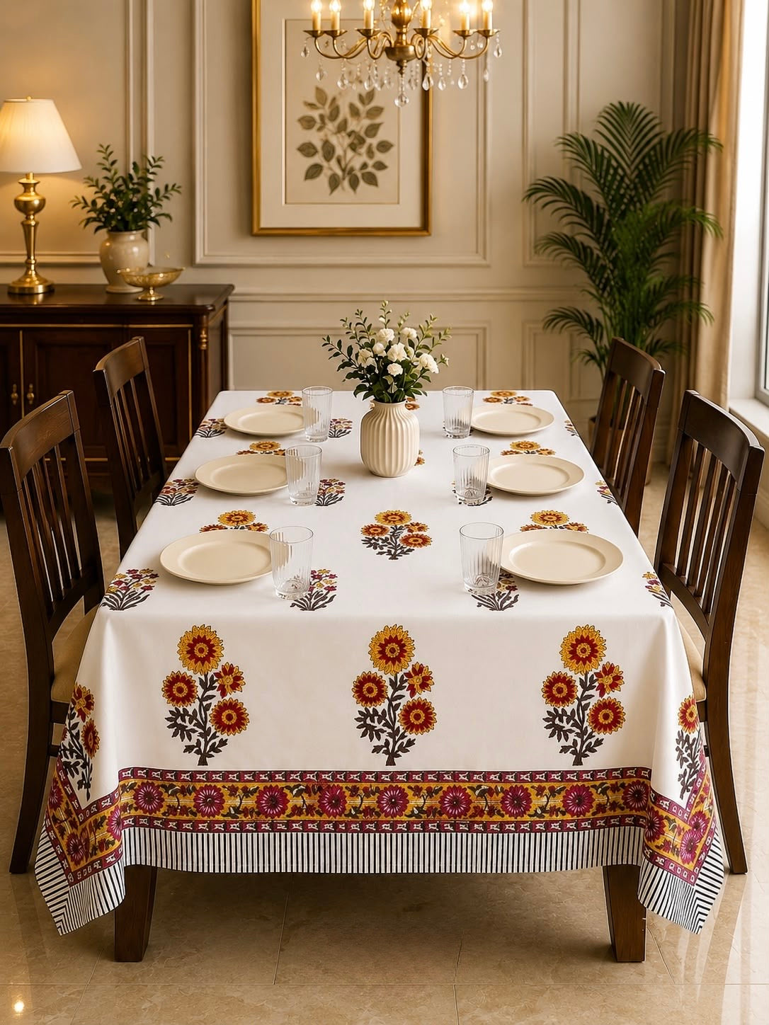 Pure cotton hand-block printed table cover for 6 seater table 60x90 inches