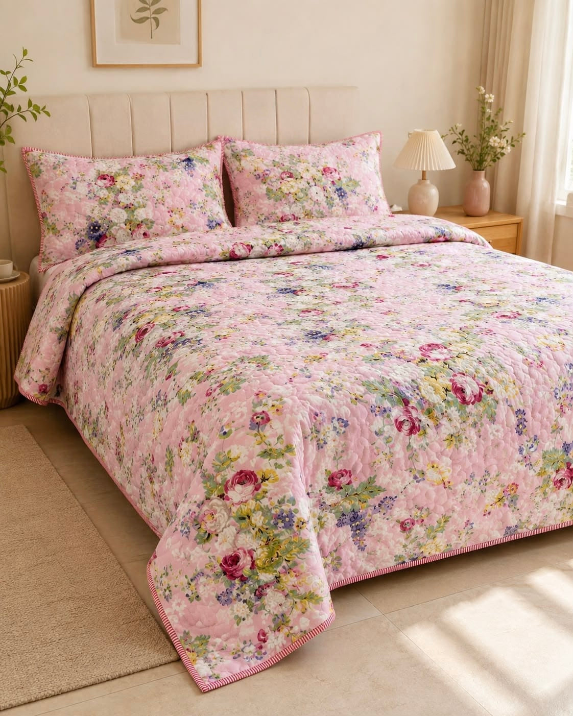 Pure cotton paani jaal quilted printed double bedcovers (90x108 inches)