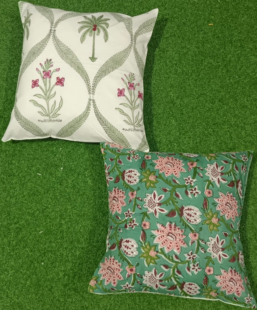 Pure cotton handblock printed set of 2 assorted cushion covers (16x16 inches)