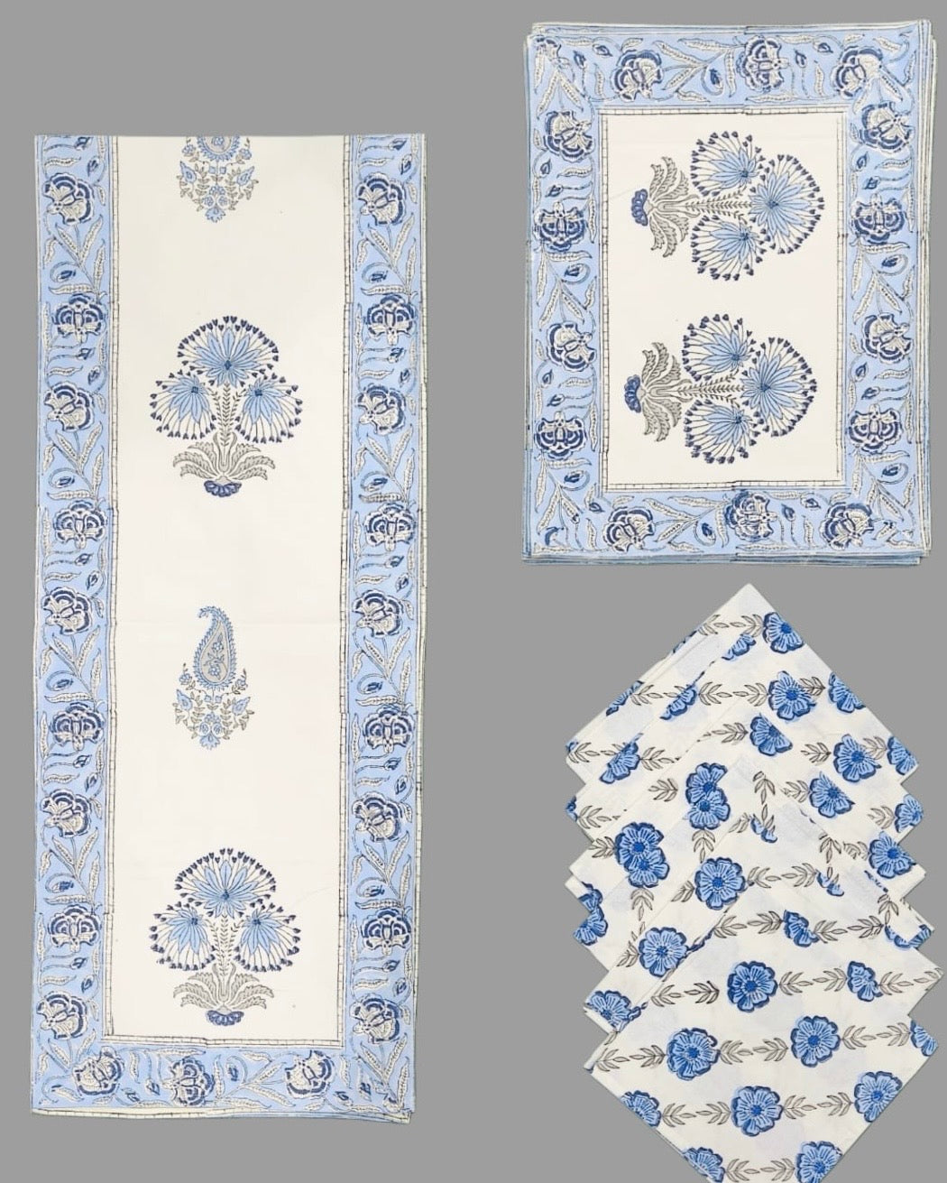 Pure cotton hand block printed placemats, runner and napkin combo for 6 seater dining table