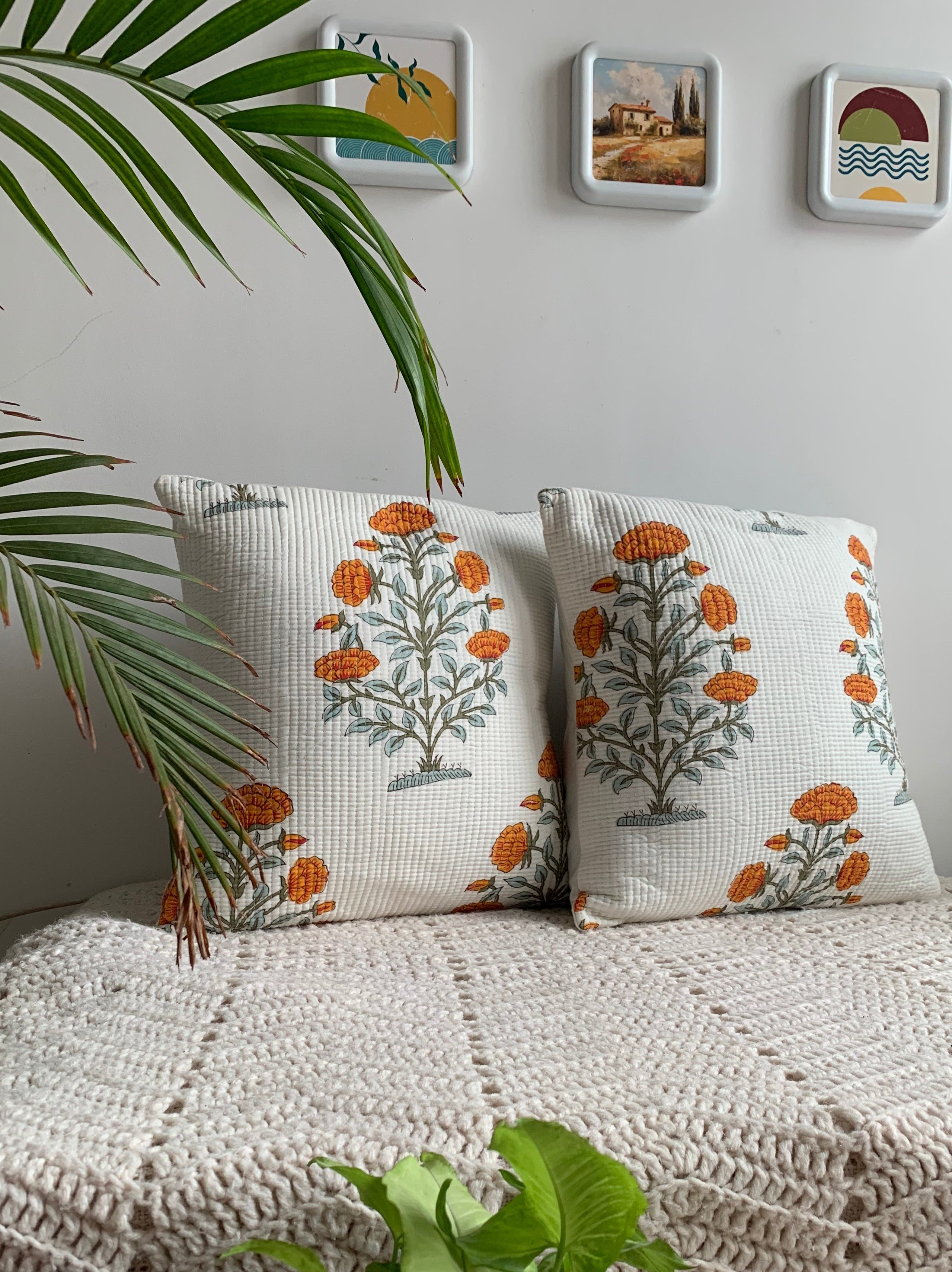 Pure cotton hand block printed quilted cushion covers 16x16 inches (Set of 2)