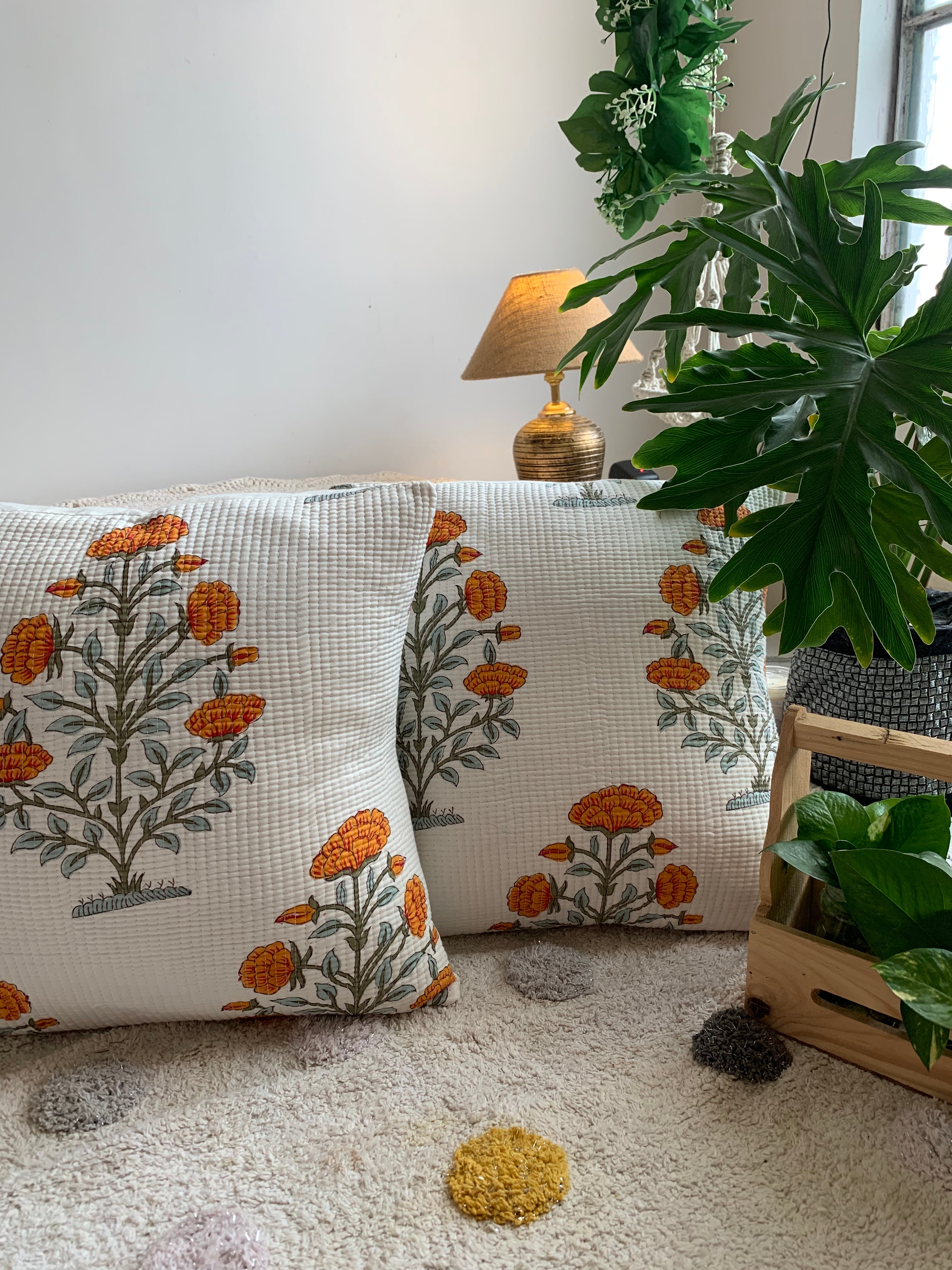 Pure cotton hand block printed quilted cushion covers 16x16 inches (Set of 2)