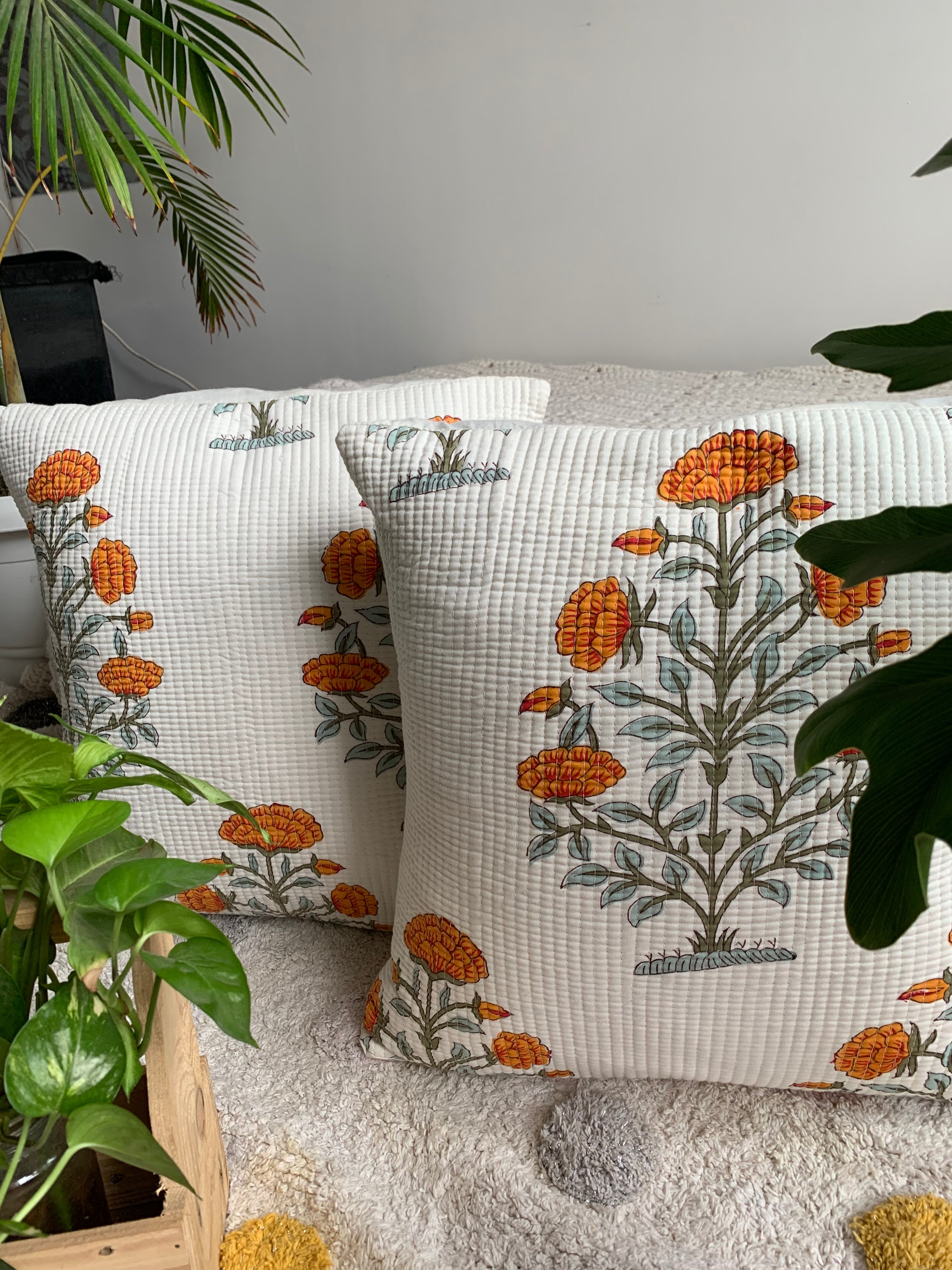Pure cotton hand block printed quilted cushion covers 16x16 inches (Set of 2)