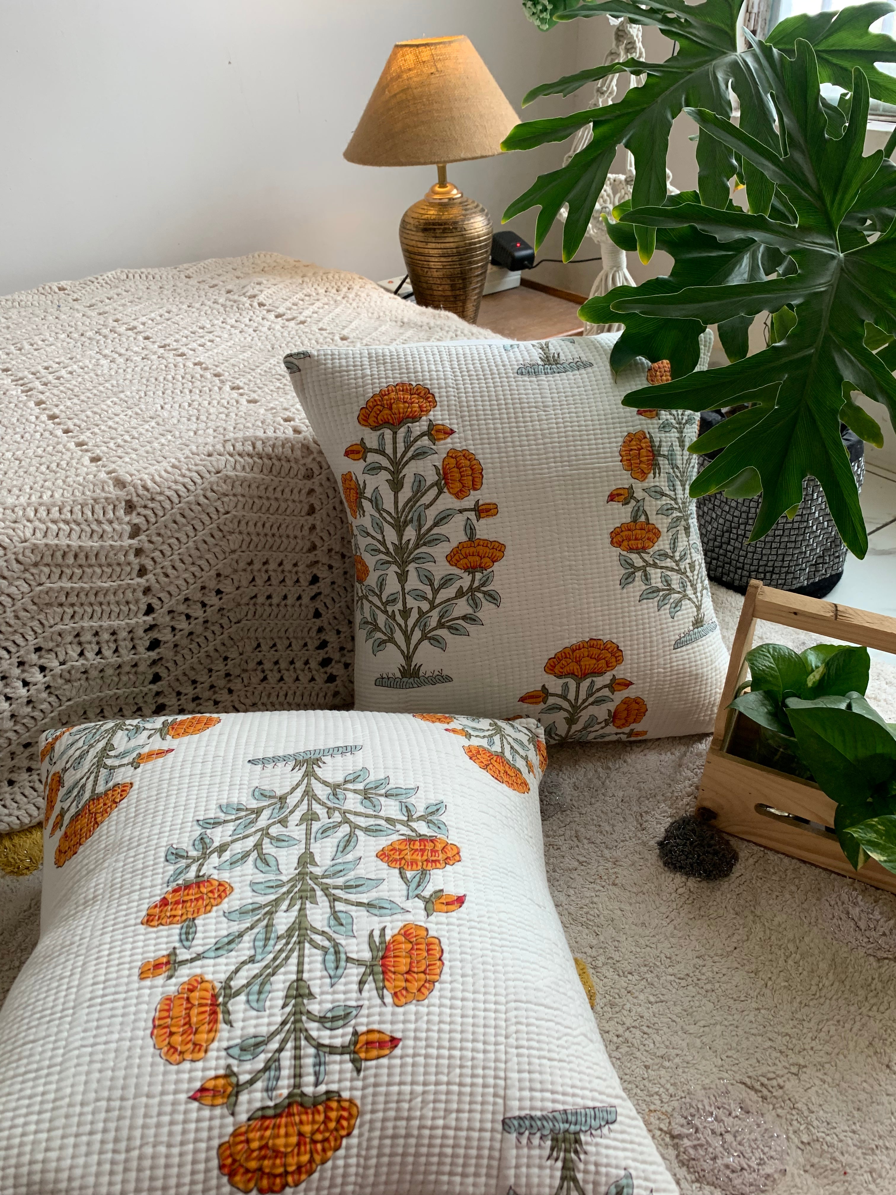 Pure cotton hand block printed quilted cushion covers 16x16 inches (Set of 2)