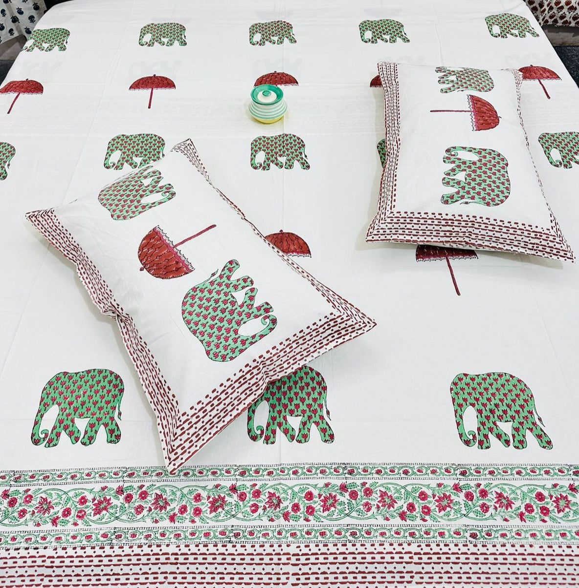 Wooden Handblock printed king size bedsheet with two flapped pillow covers (100x108 inches)