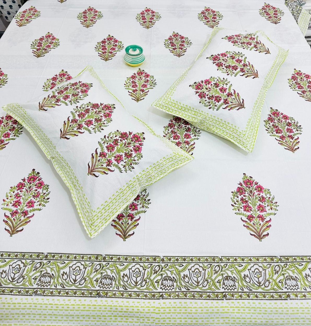 Wooden Handblock printed king size bedsheet with two flapped pillow covers (100x108 inches)