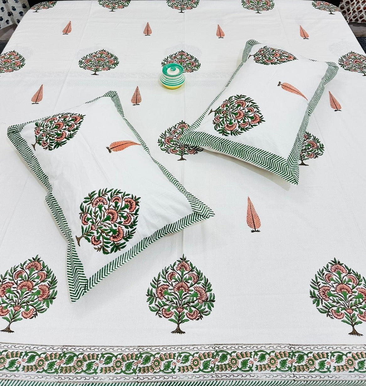 Wooden Handblock printed king size bedsheet with two flapped pillow covers (100x108 inches)