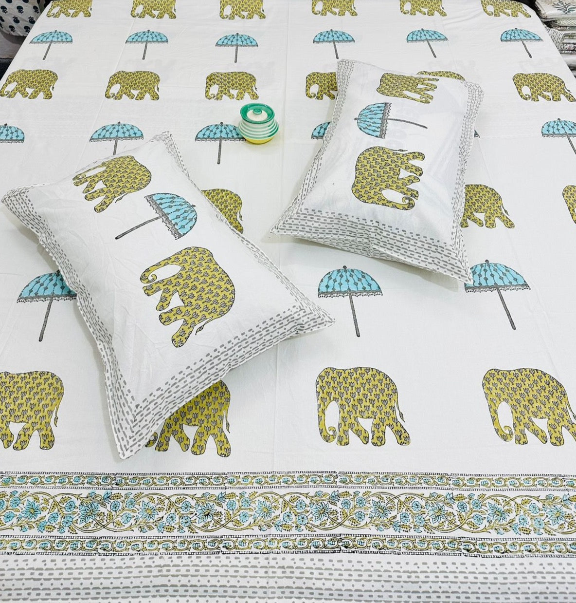 Wooden Handblock printed king size bedsheet with two flapped pillow covers (100x108 inches)