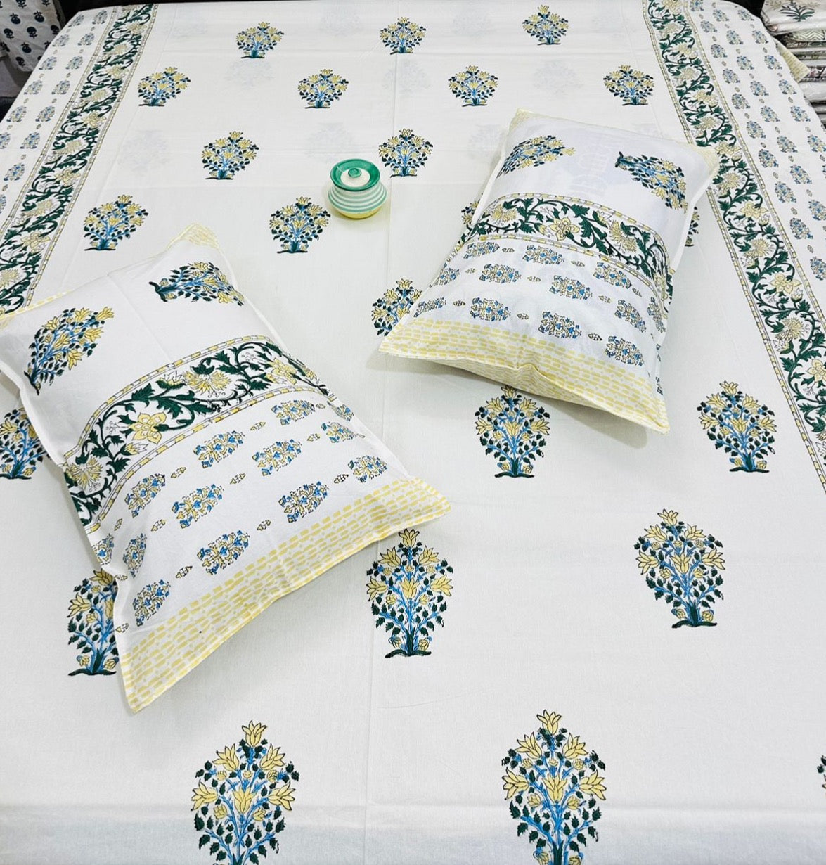 Wooden Handblock printed king size bedsheet with two flapped pillow covers (100x108 inches)