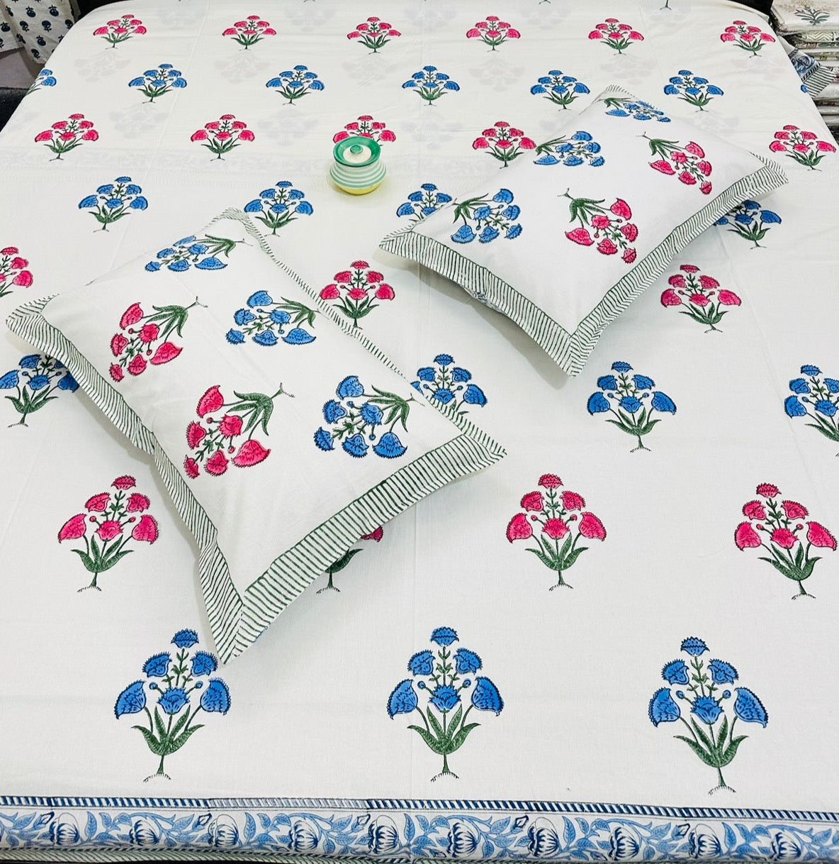 Wooden Handblock printed king size bedsheet with two flapped pillow covers (100x108 inches)
