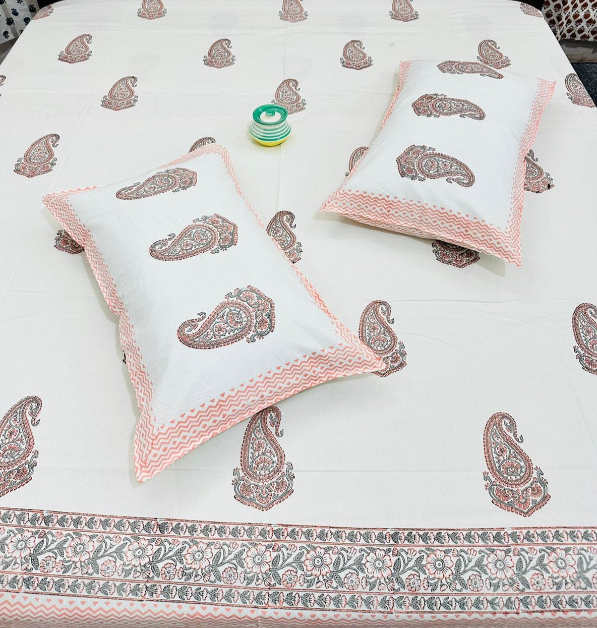 Wooden Handblock printed king size bedsheet with two flapped pillow covers (100x108 inches)