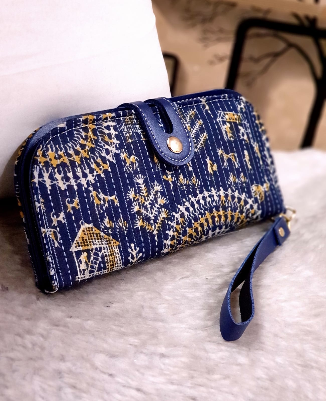 Blue Warli Fabric Kantha work clutch (8x4 inches)
