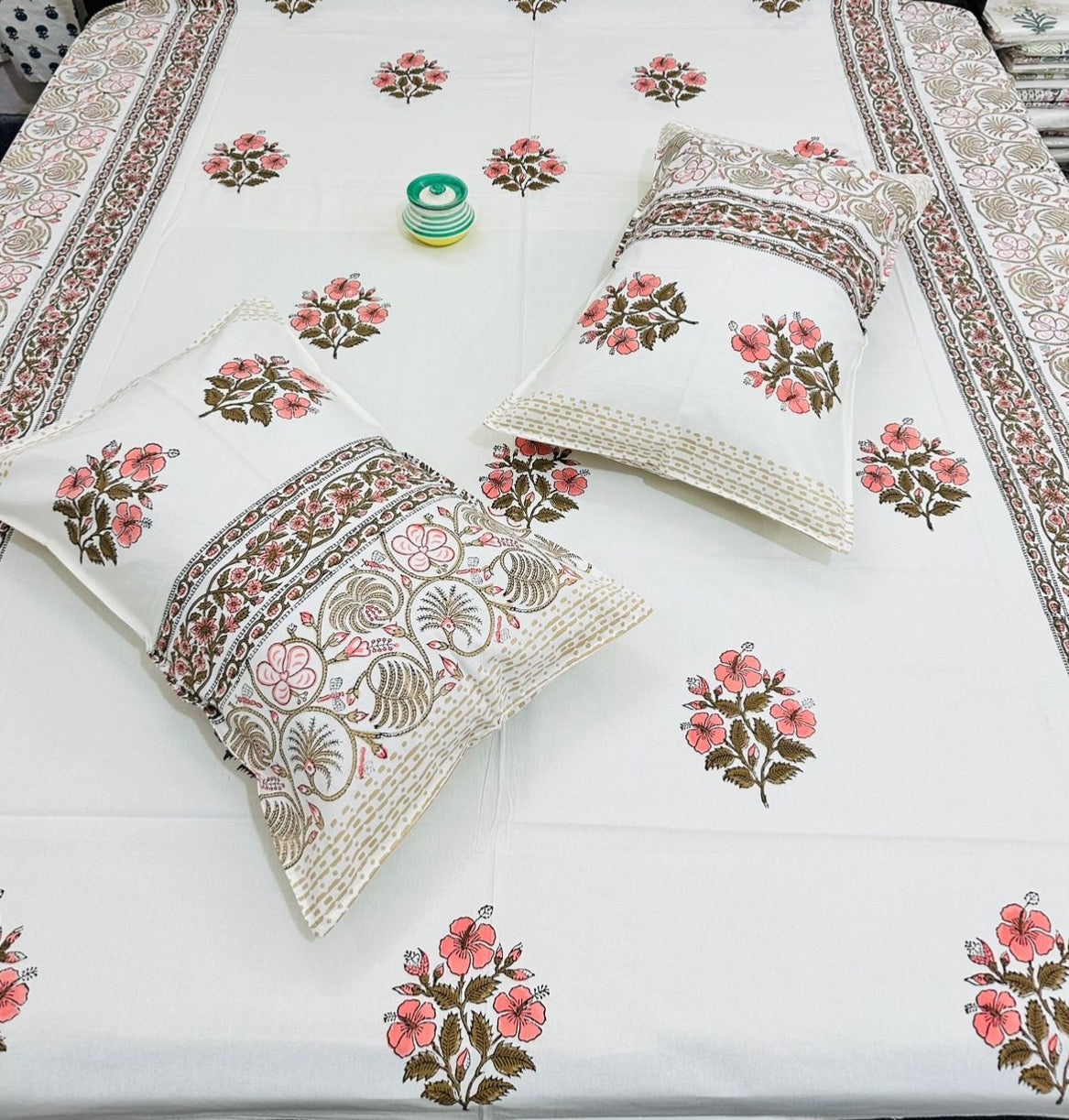 Wooden Handblock printed king size bedsheet with two flapped pillow covers (100x108 inches)