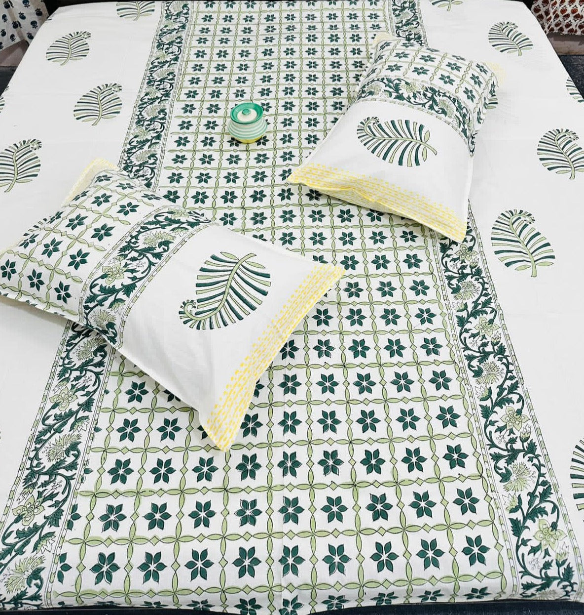 Wooden Handblock printed king size bedsheet with two flapped pillow covers (100x108 inches)