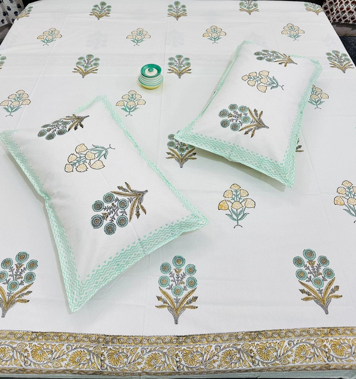 Wooden Handblock printed king size bedsheet with two flapped pillow covers (100x108 inches)