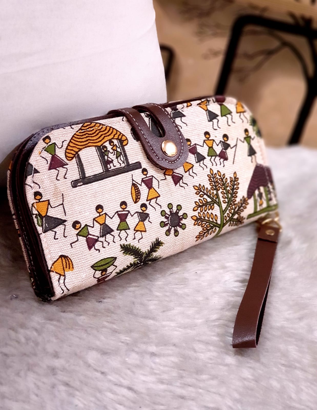 White Warli cotton fabric womens clutch (8x4 inches)