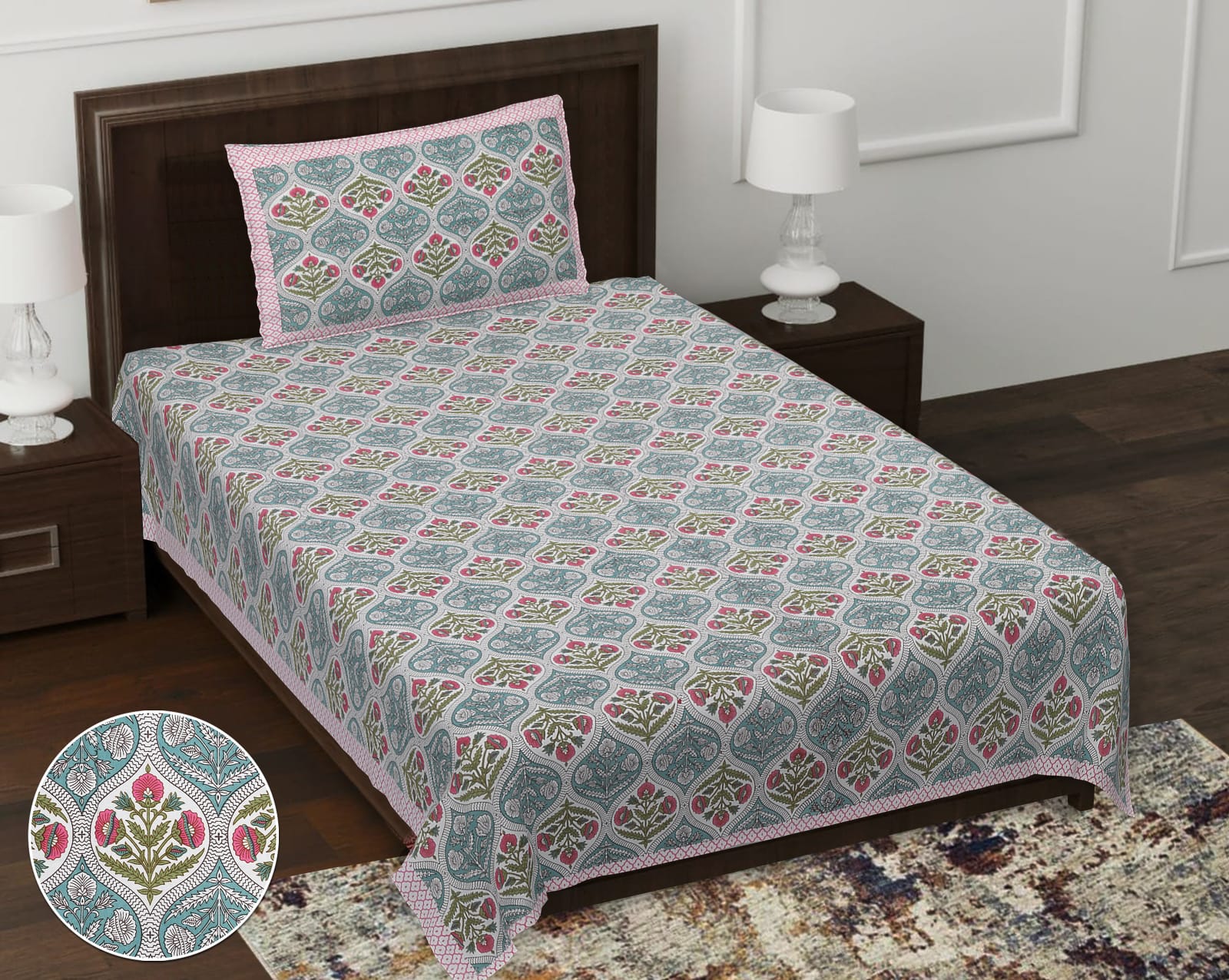 Pure cotton single block printed bedsheet 60x90