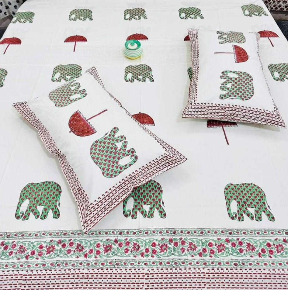 Wooden Handblock printed king size bedsheet with two flapped pillow covers (100x108 inches)