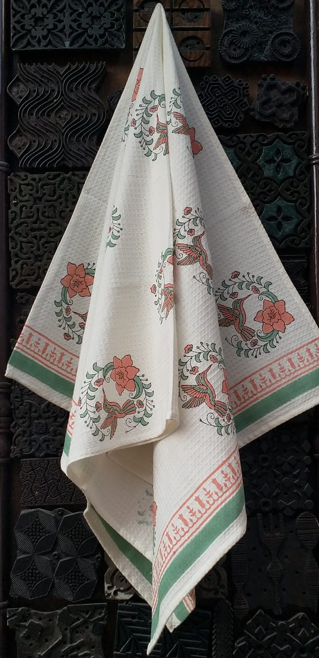 Handblock printed waffled cotton bath towels - Size 30x60 inches