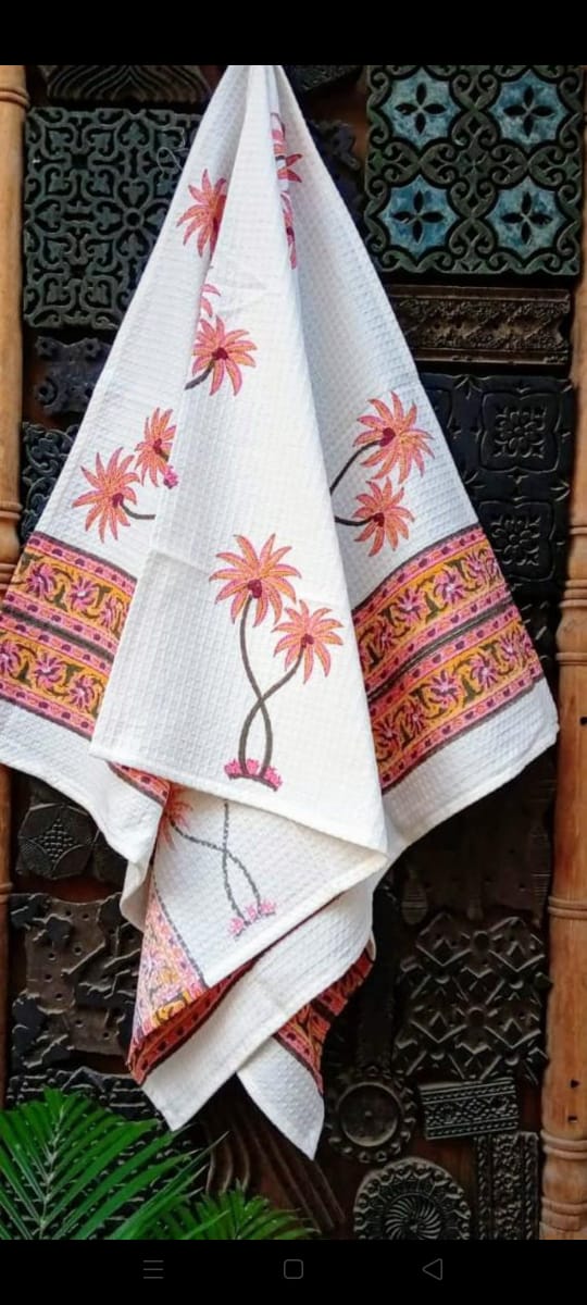Handblock printed waffled cotton bath towels - Size 30x60 inches