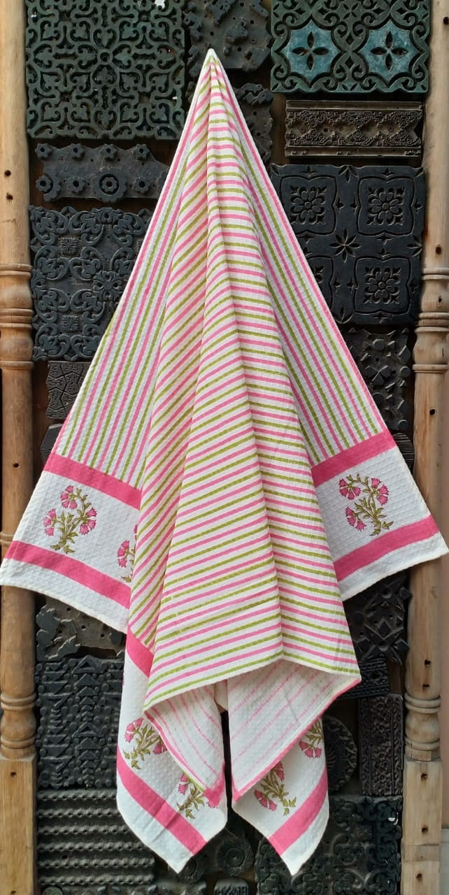 Handblock printed waffled cotton bath towels - Size 30x60 inches