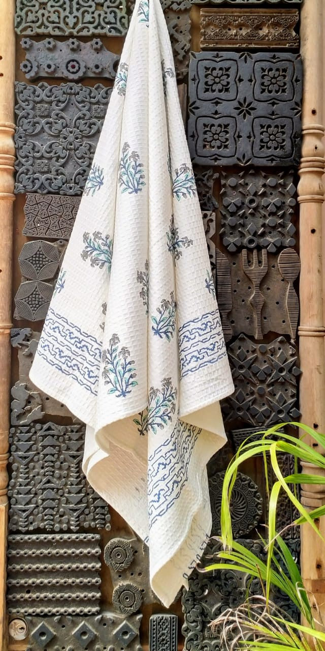 Handblock printed waffled cotton bath towels - Size 30x60 inches