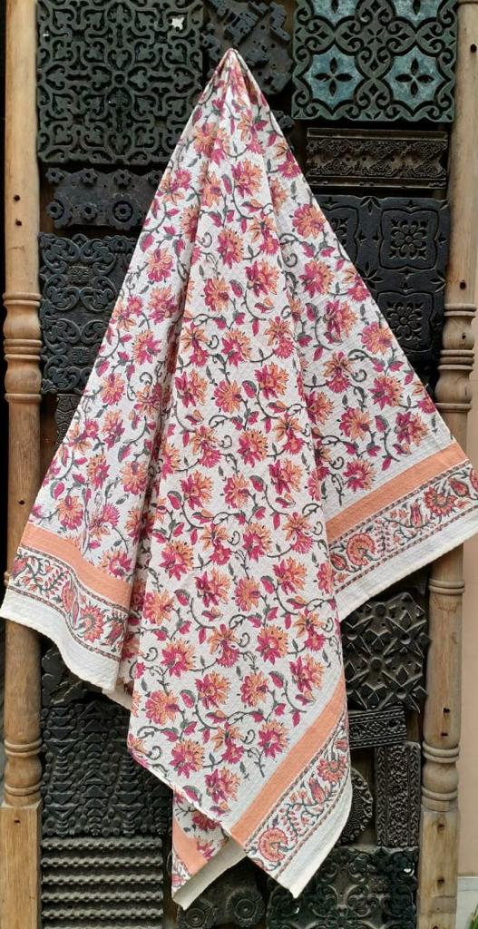 Handblock printed waffled cotton bath towels - Size 30x60 inches