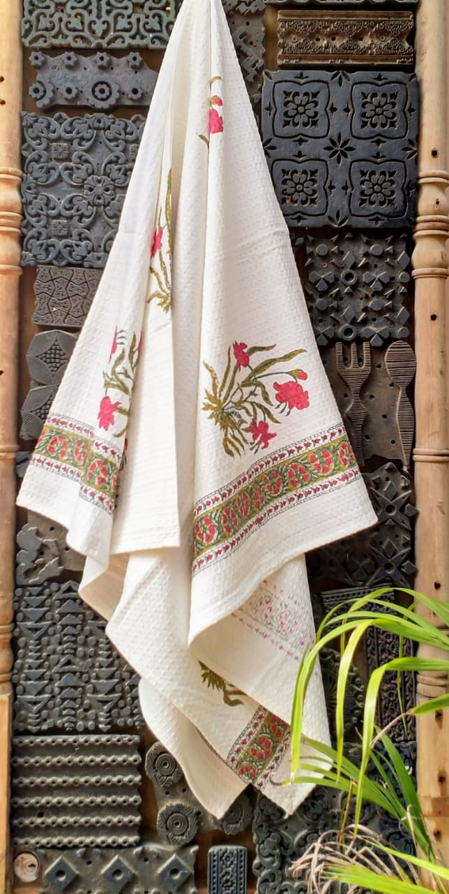 Handblock printed waffled cotton bath towels - Size 30x60 inches