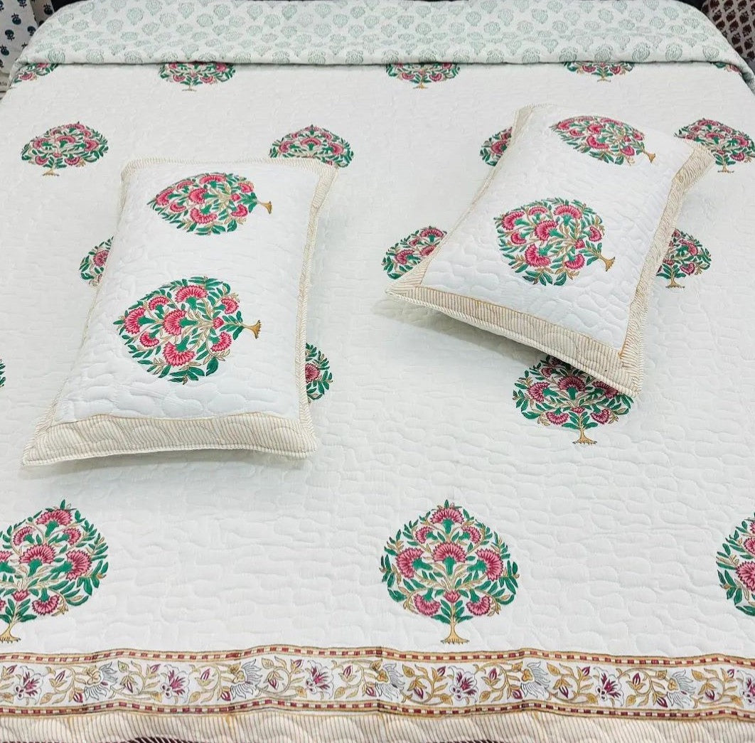 Pure cotton premium quilted double bedcovers with quilted two pillow covers (90x108 inches)